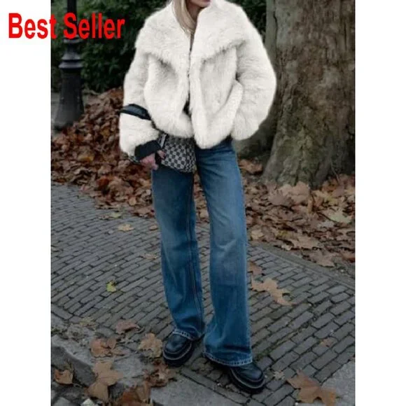 Faux Fur Coat Oversized Lapel Shaggy Winter Jacket Chic Fuzzy Outerwear - Picture 7 of 7
